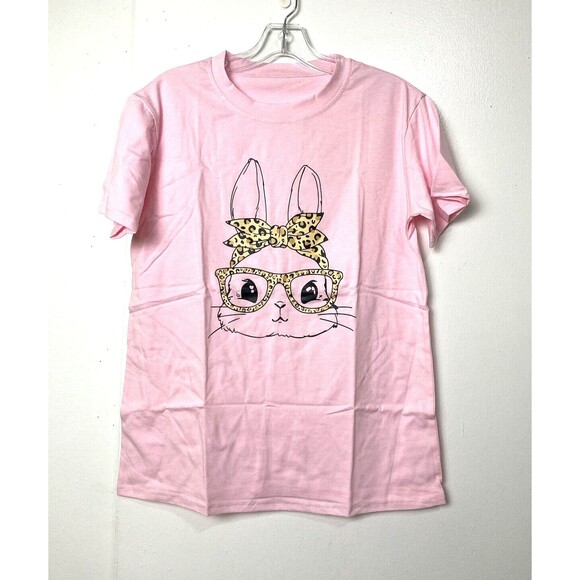 Bunny T-Shirt Women's Size M Pink Leopard Glasses Easter Bunny Graphic Tee - Picture 5 of 11
